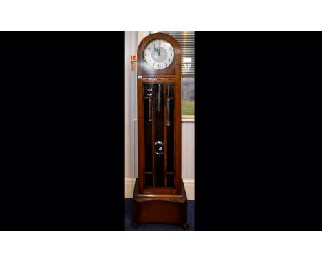 Art Deco "Enfield" Longcase Clock, Silvered Dial, Arabic Numerals, Chrome Triple Weighs And Pendulam, Glazed Front. Height 72