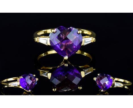 Amethyst Heart Cut and White Topaz Baguette Cut Ring, a solitaire heart cut deep purple amethyst of 4cts, with chequerboard f