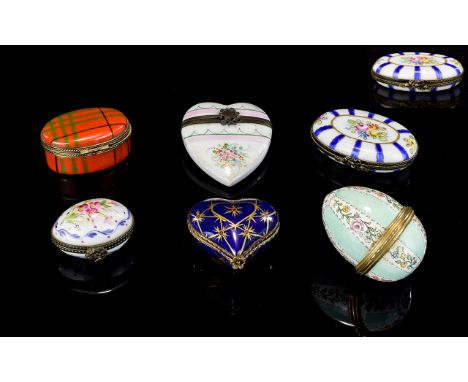 A Very Good Collection of Assorted Enamel and Porcelain Hinged and Lidded Pill Boxes - In Wonderful Shapes and Colours. Inclu