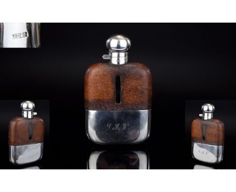 Antique Period Good Quality Silver Plated Hip Flask with Leather Clad Top. Maker John Dixon & Son. 5.5 Inches High & 3.5 Inch