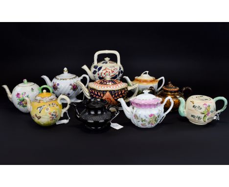 A Collection of 19th Century Ceramic Teapots ( 10 ) In Total. Various Factories and Makers - Please See Photo. 