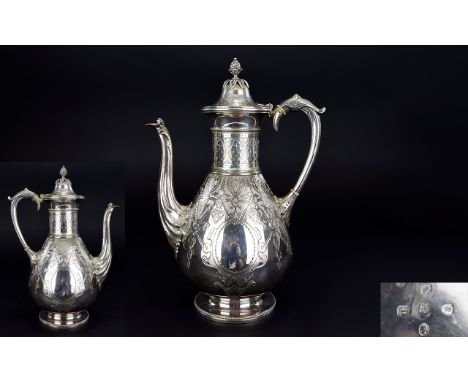 Victorian Fine Quality and Impressive Silver Coffee Pot of Pleasing Form with Pineapple Finial to Top of Cover. Hallmark Shef
