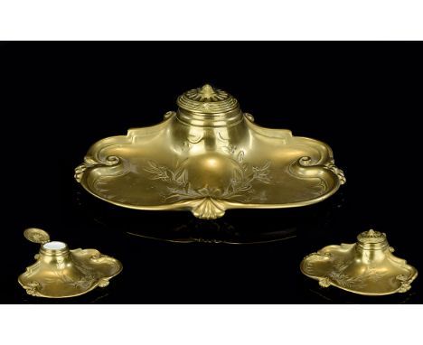 Art Nouveau Brass Ink Tidy with ceramic inkwell. 6.25 by 4.5 inches.