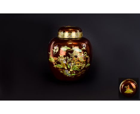 Carlton Ware Rouge Royale Lidded Ginger Jar ' Mikado ' Pattern. With Applied Painted Enamel Decoration to Cover and Body of J