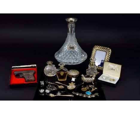 Mixed Lot Of Silver And Plated Items, To Include Picture Frame, Decanter (Missing Stopper), Perfume Bottle, Scent Bottles, Si