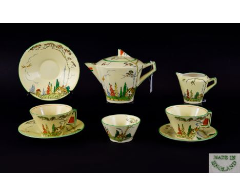 Grimwades Royal Winton Ivory Art Deco Period Hand Painted ( 8 ) Piece Tea For Two - Conical Shaped Tea Set. c.1930's. Clarice