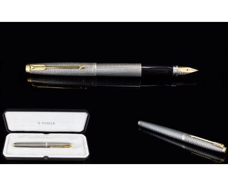 Parker 75 - Cisele Vintage Sterling Silver Chiselled Cross-Hatched Pattern Fountain Pen with 14ct Gold Nib. Made In The USA. 