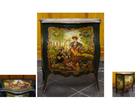19th Century Painted ' Bombe ' Commode Chest of 3 Drawers of Continental Origin, Probably French. The Side, Front and Top Pai