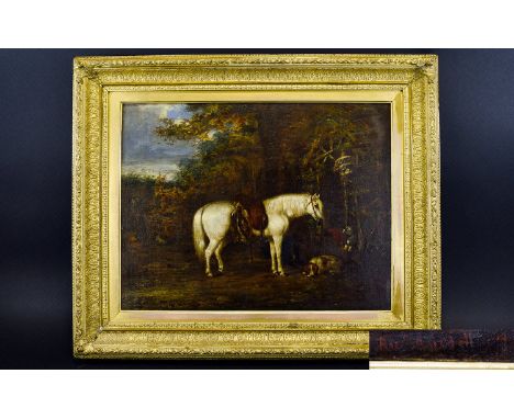 Equestrian Interest 19th Century Oil On Canvas Housed in original, ornate gilt gesso frame. Depicts a white horse with bridle