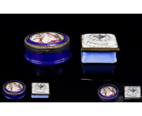 Bilston Enamels Patch Boxes Circa 1820's Two Georgian enamel patch/snuff boxes, the first, a square box with motto  'Sacred T