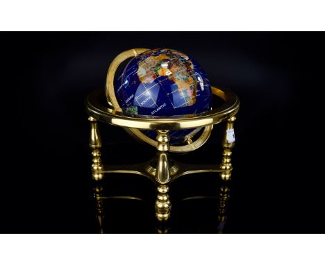 Mineral/Gemstone World Globe In Brass Frame, Height 10 Inches