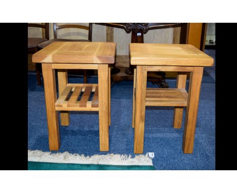 Two Solid Oak Side Tables with ladder shelf stretchers height 22.3 inches, width 15.7 inches x 15.7 inches. 