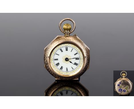 Ladies 9ct Gold - 1920's Octagonal Shape Nice Quality Open Faced Small Fob Watch, Features a White Porcelain Dial with Gold O