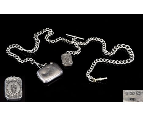 Antique - Good Quality Long and Solid Silver Double Albert Watch Chain with Attached Silver Vesta Case and Horseshoe Lidded S