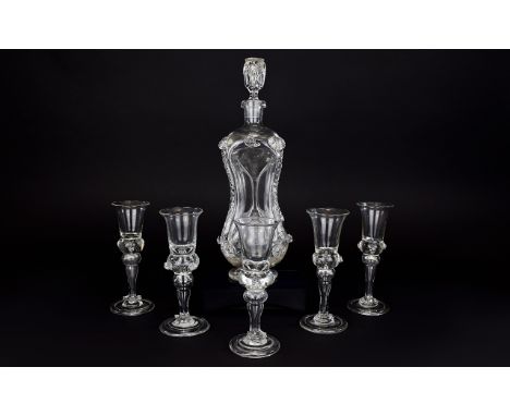 French 19th Century Fancy Figure of Eight ( Hour Glass ) Shaped Glass Decanter with Matching Set of Five ( 5 ) Liqueur Glasse