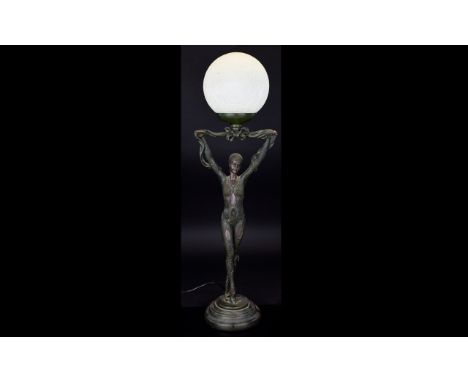 A Reproduction Art Nouveau Lamp In The Form Of A Female Dancer Bronzed effect resin figure in the form of a dancer/Salome in 