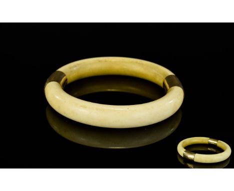 Chinese - 19th Century 18ct Gold Banded Ivory Bangle, Gold Band Not Marked. But Tests High Ct Gold. 3.75 Inches Diameter. 