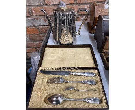 A BOXED VINTAGE SET OF KNIFE, FORK AND SPOONS PLUS A SILVER PLATED COFFEE POT WITH FLORAL AND SHIELD ENGRAVING 