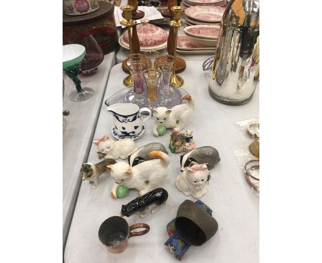 A COLLECTION OF ITEMS TO INCLUDE CERAMIC ANIMALS INCLUDING SZEILER, SHERRY GLASSES ON A TRAY, TREEN AND BRASS CANDLESTICKS, E