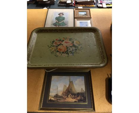 A VINTAGE TRAY WITH FOLD AWAY LEGS, THREE FRAMED PRINTS AND A FRAMED PHOGRAPH OF A GIRL 