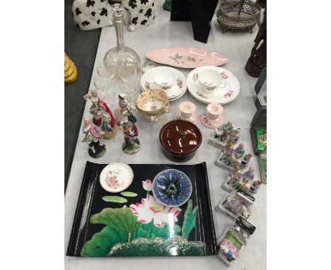 A COLLECTION OF ITEMS TO INCLUDE CONTINENTAL FIGURINES, A DECANTER AND SHERRY GLASSES, CARLTONWARE CANDLESTICKS, FAIRINGS, ET