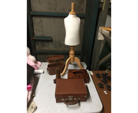 A SMALL HAND CASE 25CM X 10CM X 18CM A CHILD SIZE MANNEQUIN HEIGHT 75CM A BURR WALNUT TISSUE BOX 23CM X 16.5CM X 6.5CM 