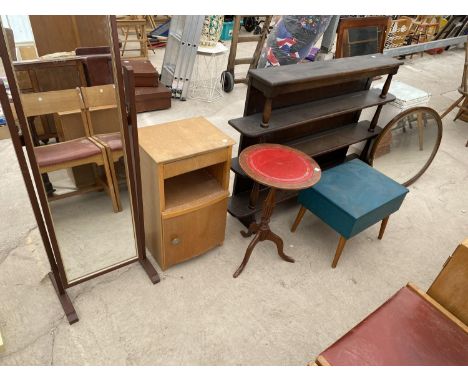 A CHEVAL, LOCKER, STOOL, WALL SHELF, MIRROR LINEN BOX AND A SEWING BOX 