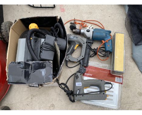 AN ASSORTMENT OF TOOLS TO INCLUDE TWO TITAN NAIL GUNS, A BLACK AND DECKER DRILL AND A WALL PAPER STRIPPER ETC 