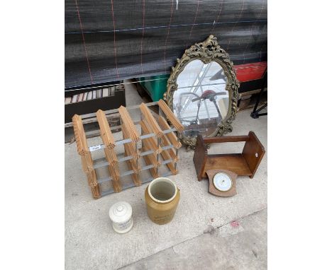 AN ASSORTMENT OF ITEMS TO INCLUDE A WINE RACK, A FRAMED MIRROR AND A BAROMETER ETC 