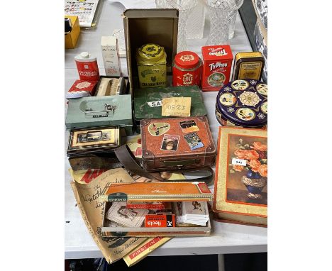 A COLLECTION OF ITEMS TO INCLUDE VINTAGE TINS, RINGTONS, SAVILLE, ETC, NATIONAL TRANSPORT TOKENS, PLAYING CARDS, ETC 