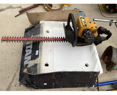 A PETROL ENGINE HEDGE TRIMMER AND A TITAN TTB336TCB TILE CUTTER 
