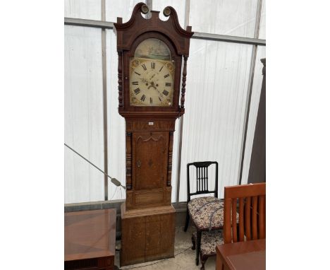 A 19TH CENTURY OAK AND CROSSBANDED EIGHT-DAY LONGCASE CLOCK WITH PAINTED ENAMEL DIAL 