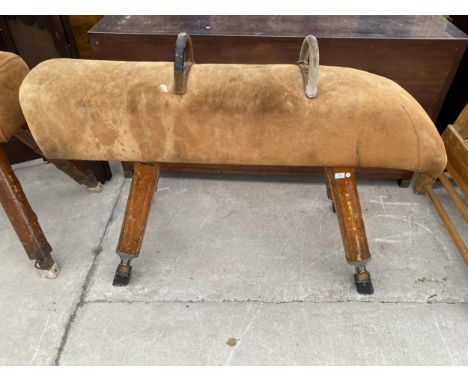 A VINTAGE POMMEL HORSE WITH HOOP BARS, ON FOUR ADJUSTABLE LEGS, 65X24" MAX WITH SUEDE TOP 