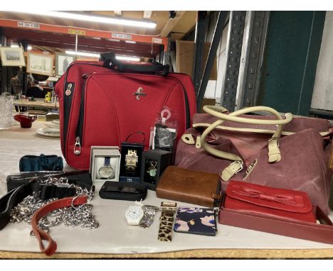 THREE BOXED WATCHES TO INCLUDE M &amp; S AND SEKSY, LEATHER PURSES, BAGS, ETC 