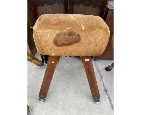 A VINTAGE POMMEL HORSE ON FOUR ADJUSTABLE LEGS, 24X28" WITH SUEDE TOP 
