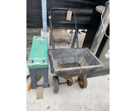 AN ASSORTMENT OF GARDEN TOOLS TO INCLUDE A SEEDER AND SHEARS ETC 