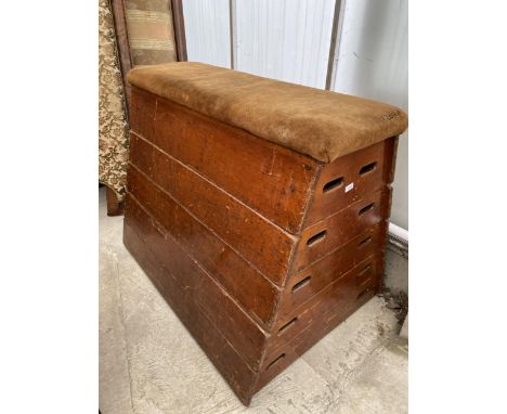 A VINTAGE FIVE TIER VAULTING HORSE BEARING EDUCATIONAL SUPPLY ASS. LTD, HOLBORN, LONDON, 53X36" MAX, WITH SUEDE TOP 