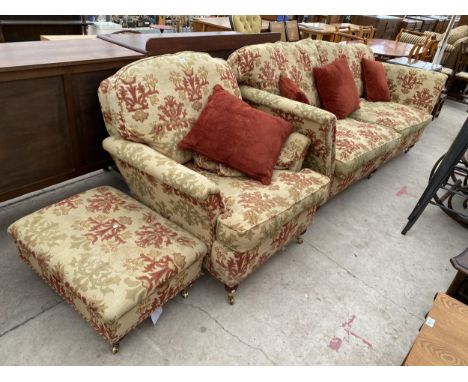 A DURESTA FURNITURE RUSKIN VICTORIAN STYLE SETTEE, EASY CHAIR AND STOOL ON TURNED LEGS WITH BRASS CASTERS 