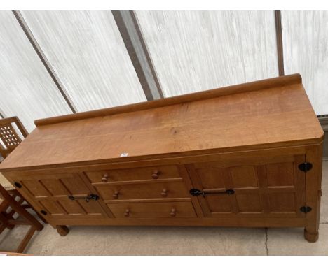 A MID 20TH CENTURY ROBERT 'MOUSEMAN' THOMPSON SIDEBOARD, 72" WIDE, ENCLOSING TWO PANELLED CUPBOARDS WITH CAST IRON LATCHES AN