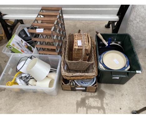 A LARGE ASSORTMENT OF ITEMS TO INCLUDE A WINE RACK, LE CREUSET CAST IRON DISH, ANGLE POISE LAMP, WICKER BASKETS AND LAMPS ETC