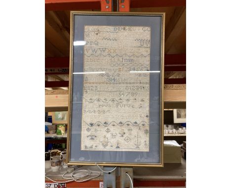 A FRAMED ANTIQUE TAPESTRY DATED 1859 - FRAME A/F 