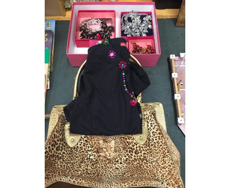 A QUANTITY OF BUTLER &amp; WILSON BRANDED ITEMS TO INCLUDE A LEOPARD PRINT HANDBAG, A FASHION TOP AND COSTUME JEWELLRY 