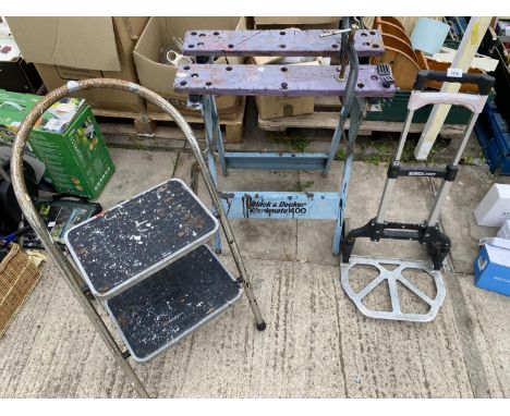 A FOLDING SACK TRUCK, A WORK MATE AND A STEP LADDER 
