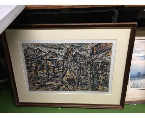 A LARGE FRAMED PRINT OF A STREET SCENE 82CM X 61CM 