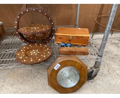 AN ASSORTMENT OF TREEN ITEMS TO INCLUDE A CAKE STAND, A JEWELLERY BOX AND A BAROMETER ETC 