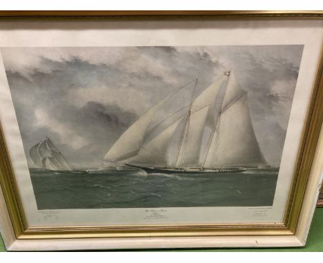 A VERY LARGE GILT FRAMED PRINT OF THE SCHOONER YACHT 'HAZE' IN NEW YORK HARBOUR FROM THE PAINTING BY J E BUTTERWORTH 98CM X 7
