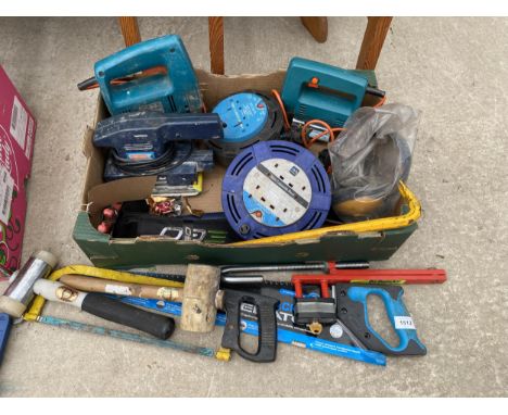 AN ASSORTMENT OF TOOLS TO INCLUDE JIGSAWS, EXTENSION LEADS AND HAMMERS ETC 
