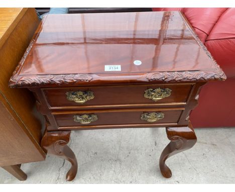 A CHIPPENDALE STYLE TWO DRAWER CHEST ON OPEN BASE WITH CABRIOLE LEGS, 20" WIDE 
