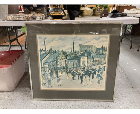 A LARGE EDITH LE BRETON SIGNED PRINT TITLED 'A MILL TOWN PROCESSION' 80CM X 73CM 