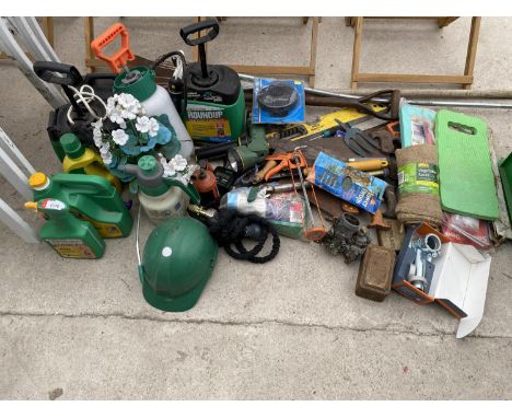 AN ASSORTMENT OF ITEMS TO INCLUDE GARDEN SPRAYERS, VINTAGE TOOLS AND TINS ETC 